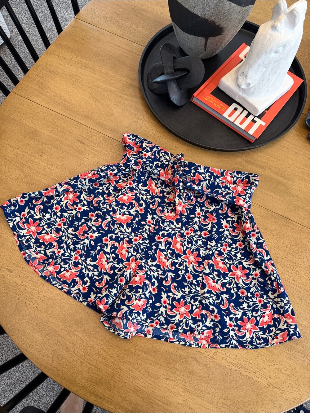 Monteau Navy Floral Paperbag Skort with Coral Accents